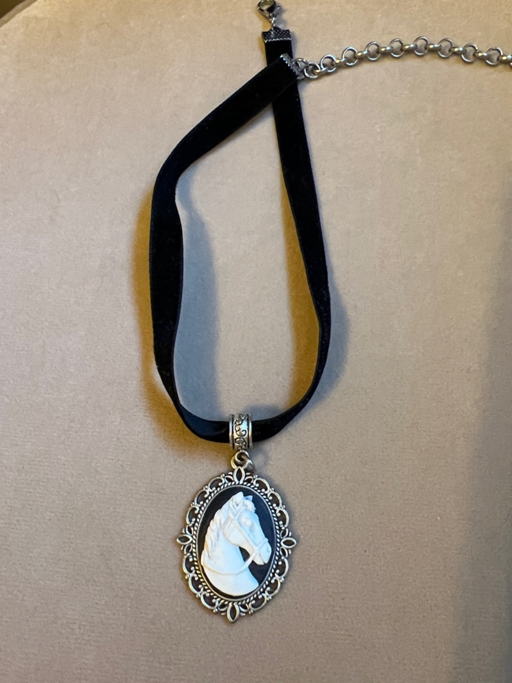 Gold Horse Cameo Pendant Necklace on Black Velvet Choker